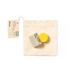 Set de jabón y champú sólidos veganos en bolsa de algodón color beige quinta vista