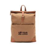 Mochila para portátil de poliéster reciclado con hebilla color marrón claro vista de impresión