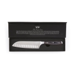 Cuchillo de acero inoxidable de alta calidad con logo Kaiser Santoku color plateado vista con caja