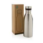 Botella de acero reciclado antifugas sin BPA 500ml color plateado vista con caja