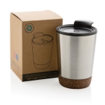 Taza termo personalizada de acero con base de corcho 300ml Eco Cork color plateado vista con caja