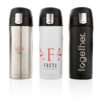 Termo reciclado de acero inoxidable con cierre seguro 300ml Eco Roiboos color blanco vista varios con logo