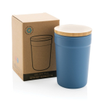 Vaso termo de plástico reciclado con tapa de bambú 300ml EcoBrew color azul vista con caja