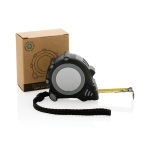 Flexómetros personalizados reciclados con muñequera 3M/16mm color negro vista con caja