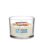 Vela de cera vegetal con flores y frutos, aroma de canela y cítricos color blanco vista de impresión