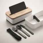 Fiambrera de 2 pisos plástico reciclado con separador y cubiertos 800ml color blanco vista fotografía cuarta vista