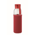 Botella de cristal reciclado con funda y tapón antifugas 500ml color rojo