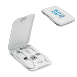 Set de cables con varias conexiones en caja con soporte para teléfono color blanco vista de impresión