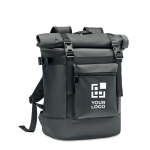 Mochila de lona con cierre roll top y acolchado en diferentes partes color negro vista de impresión