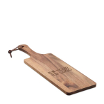 Tabla para servir de madera de acacia con asa y cordón de PU color madera vista de impresión
