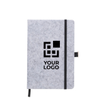 Libreta promocional de fieltro reciclado aprox A5 hojas a rayas vista de impresión