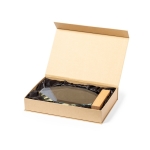 Placa de cristal en forma geométrica con base de madera natural color transparente cuarta vista