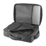 Mochila publicitaria de poliéster con doble asa y resistente al agua color negro cuarta vista