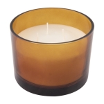 Vela de cera vegetal y parafina con 3 mechas en tarro de vidrio color naranja tercera vista