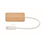 Hub USB de bambú con 3 puertos y cable con longitud de 20cm color madera tercera vista