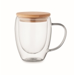 Taza de vidrio de borosilicato de doble pared con tapa de bambú 250ml color transparente
