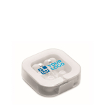 Auriculares con aislante de ruido en una caja con soporte para móvil vista de impresión