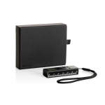 Medidor láser de aluminio reciclado con batería recargable 30M color negro vista con caja