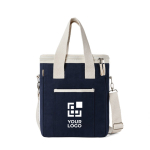 Nevera de algodón reciclado con correa para el hombro y asas color azul marino vista de impresión