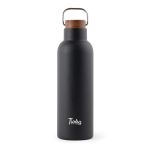 Botella de acero inoxidable reciclado con tapa de madera y asa 800ml color negro vista con logo