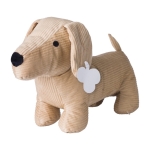 Perro de peluche de pana con los ojos bordados y etiqueta color marrón tercera vista