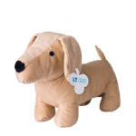 Perro de peluche de pana con los ojos bordados y etiqueta color marrón vista de impresión