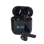 Auriculares presentados en estuche a juego con cargador USB-C color negro vista de impresión