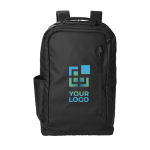 Mochila de poliéster repelente al agua con bolsillo antirrobo color negro vista de impresión