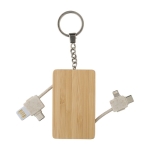 Llavero promocional de bambú con diferentes cables de carga escondidos color marrón segunda vista