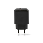 Cargador de pared de plástico reciclado con entradas USB-A y USB-C 20W color negro vista frontal