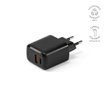 Cargador de pared de plástico reciclado con entradas USB-A y USB-C 20W color negro