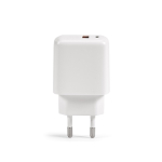 Cargador de pared de plástico reciclado con entradas USB-A y USB-C 20W color blanco vista trasera