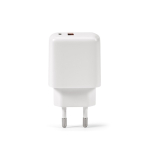 Cargador de pared de plástico reciclado con entradas USB-A y USB-C 20W color blanco vista frontal