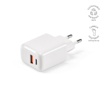 Cargador de pared de plástico reciclado con entradas USB-A y USB-C 20W color blanco