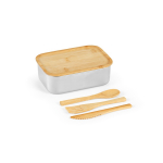 Fiambrera de acero reciclado con bambú en tapa y cubiertos 490ml color plateado quinta vista
