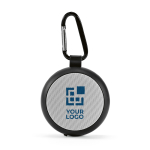 Altavoz promocional inalámbrico con rejilla personalizable y mosquetón vista principal