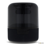 Altavoz bluetooth negro pequeño portátil en forma circular color negro cuarta vista