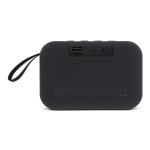 Altavoz bluetooth negro pequeño portátil en forma rectangular color negro cuarta vista