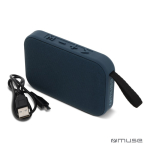 Altavoz bluetooth negro pequeño portátil en forma rectangular color azul segunda vista