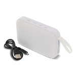 Altavoz bluetooth negro pequeño portátil en forma rectangular color blanco segunda vista