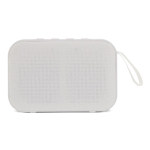 Altavoz bluetooth negro pequeño portátil en forma rectangular color blanco tercera vista