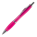 Bolígrafo de plástico transparente con detalles metálicos y tinta azul color rosa
