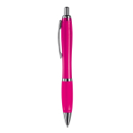 Bolígrafo de plástico transparente con detalles metálicos y tinta azul color rosa tercera vista