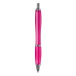 Bolígrafo de plástico transparente con detalles metálicos y tinta azul color rosa cuarta vista