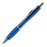 Bolígrafo de plástico transparente con detalles metálicos y tinta azul color azul transparente
