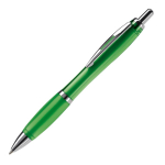 Bolígrafo de plástico transparente con detalles metálicos y tinta azul color verde transparente