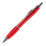 Bolígrafo de plástico transparente con detalles metálicos y tinta azul color rojo transparente