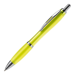 Bolígrafo de plástico transparente con detalles metálicos y tinta azul color amarillo transparente