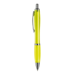 Bolígrafo de plástico transparente con detalles metálicos y tinta azul color amarillo transparente tercera vista