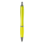 Bolígrafo de plástico transparente con detalles metálicos y tinta azul color amarillo transparente cuarta vista